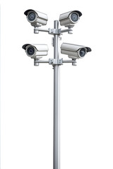 Naklejka premium Array of surveillance cameras arranged in a circular formation on a single pole, ideal for security-related content focusing on comprehensive surveillance solutions for public or private areas, alpha