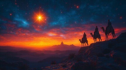 Fototapeta premium Bright star over desert landscape with three camel riders on a hill at sunset, mystical and magical sky
