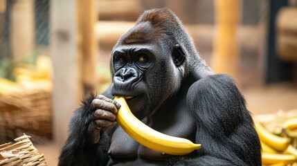 Gorilla eating banana in enclosure