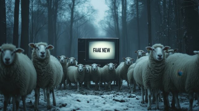 flock of sheep in snowy forest with old tv displaying 'faak new'