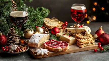 Christmas dessert platter with festive drinks and decorations