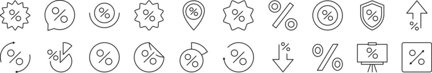 Percent as Symbol of Sale Outline Icon Collection. Editable Stroke. Perfect for Infographics, Articles, Books, Flyers, Banners