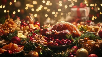 Holiday feast with roasted turkey and festive decorations
