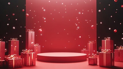 Red Gift Boxes Surrounding a Circular Pedestal Against a Red Backdrop