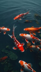 Tranquil scene of koi fish swimming near submerged plants in clear pond water