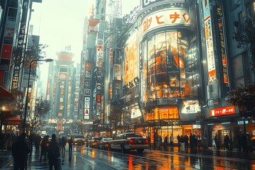 Obraz premium Rainy Tokyo street full of neon signs, people, and cars at night.