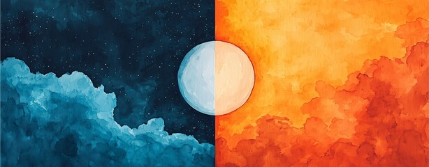 A stunning artwork depicting a celestial scene split between a serene night sky and a vibrant sunrise.