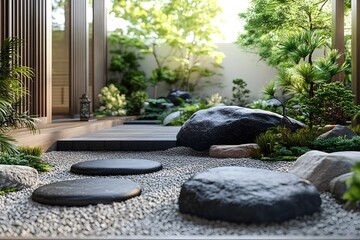 Tranquil Zen Garden with Healing Stones and Lush Foliage in Luxury Outdoor Space