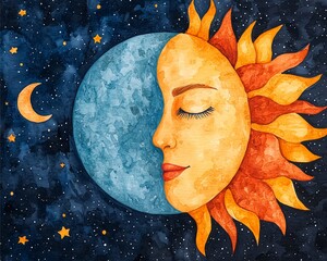 A watercolor illustration depicting a serene face merging the sun and moon, surrounded by stars in a deep blue night sky.