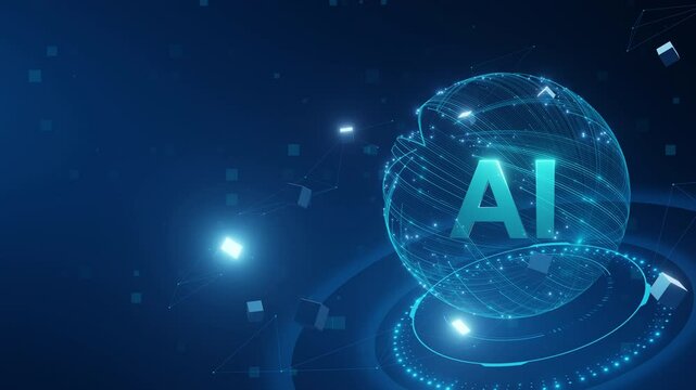 A blue background with a glowing sphere with the letters AI on it. The sphere is surrounded by a circle of cubes