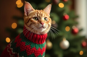 A calm red-haired cat is sitting in a festive knitted sweater against the background of a Christmas tree decorated with balloons and garlands.