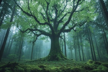 Majestic ancient tree in misty forest