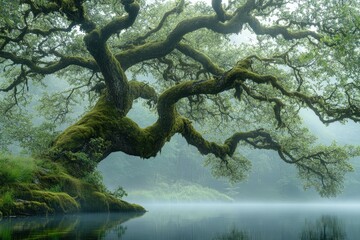 Enchanting Mossy Tree Branches Reflected in Serene Lake