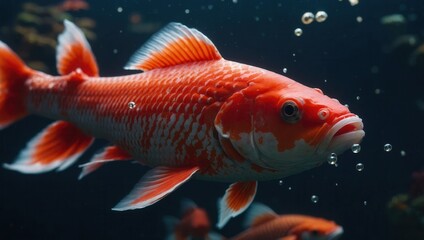 Bright red and white fish with bubbles around it, swimming in an underwater environment