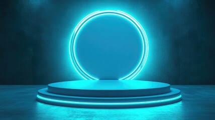 Circular Neon Light Frame and Platform on a Blue Concrete Floor