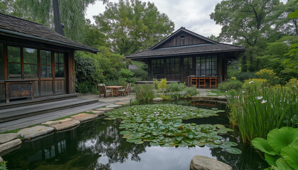 AI generator images of wooden house in the middle of a natural garden, Residential house for family. Traditional style home with beautiful landscaping.