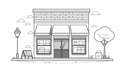 black and white line drawing of a storefront with a brick facade awnings windows and a door There is a streetlamp a sign a tree and a trash can