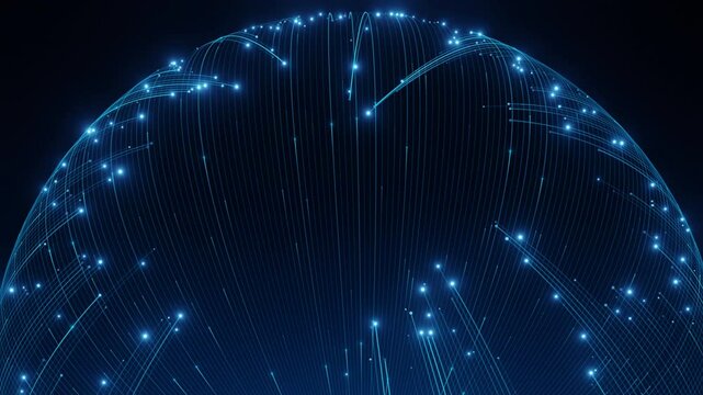 A blue sphere with many small blue dots on it. The dots are arranged in a way that they look like they are connected to each other. The image has a futuristic and technological feel to it