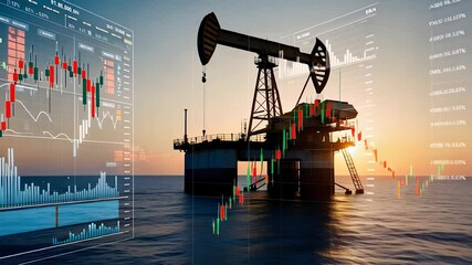 Oil Pumpjack with Financial Stock Data Overlay at Sunset
- Powered by Adobe