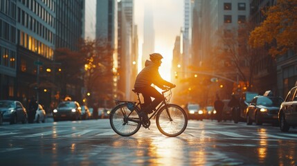 cyclist riding bicycle in city at sunset