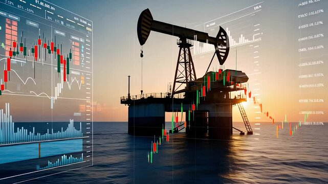 Oil Pumpjack with Financial Stock Data Overlay at Sunset

