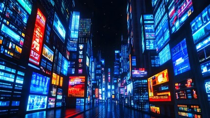 Obraz premium A city at night with glowing 3D street signs and billboards lighting up the streets, the lights giving an illusion of extending beyond the image for a bold visual effect 