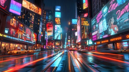 A city at night with glowing 3D street signs and billboards lighting up the streets, the lights giving an illusion of extending beyond the image for a bold visual effect 