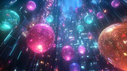 A striking depiction of a futuristic city filled with floating, multicolored orbs, set against a backdrop of innovative buildings and glowing lights, embodying the spirit of imaginative possibilities 