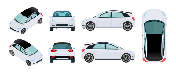 White Car Vector Template: All Angle 3D Views - Isometric, Front, Rear, Side, and Top - Business Hatchback and Sedan Mockup