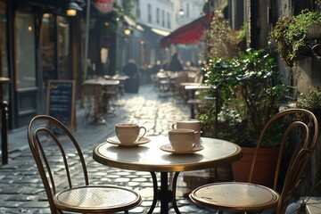 Fototapeta premium Empty Coffee Cups on a Table in a Parisian Alleyway