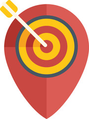 Location pin pointing the target with arrow in bullseye symbolizing reaching business goal