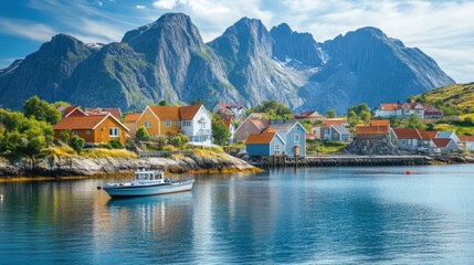 Fototapeta premium Picturesque coastal village with colorful houses and mountains