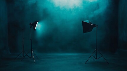 Two studio lights with softboxes are set up in a room with a teal backdrop and smoke.
