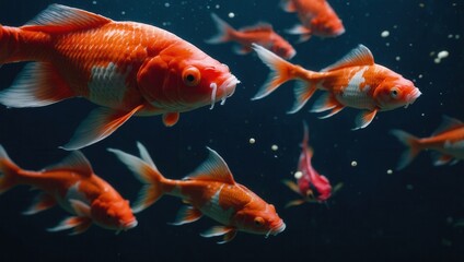 Group of bright orange goldfish with black patches swimming in a dark aquarium
