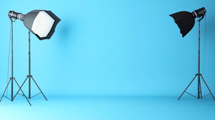 Two studio lights with softboxes are set up in a room with a blue backdrop.