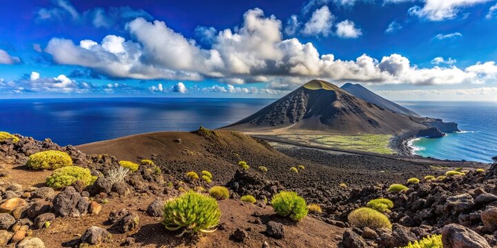 Forced perspective volcano in La Restinga El Hierro island, Canary Islands with volcanic landscape