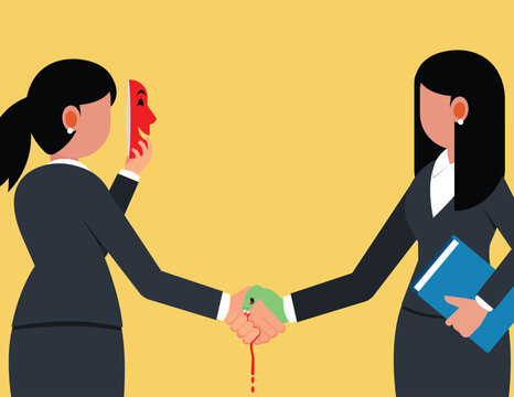 Dishonest Cheating Agreement, Hidden benefits in business deals. Two businesswomen shake hands to make a business deal