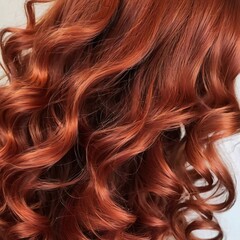 Fototapeta premium Close-up showcases radiant bright red hair with defined curls, capturing glossy texture and natural shine under soft lighting. Intricate details of each curl enhance the overall beauty. Generative AI