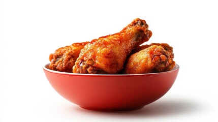 Crispy Chicken Wings in Red Bowl on White Background