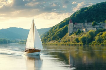 Obraz premium Sailing boat on a serene river with a medieval castle in the background