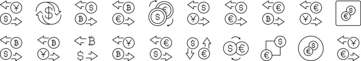 Currency Exchange Outline Icon Collection. Editable Stroke. Perfect for Infographics, Articles, Books, Flyers, Banners
