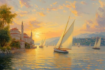 Sunset over a coastal city with sailboats