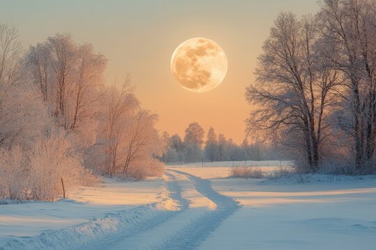 Serene winter landscape with full moon