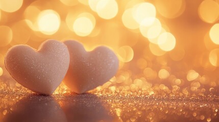 Fototapeta premium Two heart-shaped cushions resting on a shiny glitter surface with soft romantic light and floating heart bokeh in the background, warm color tones