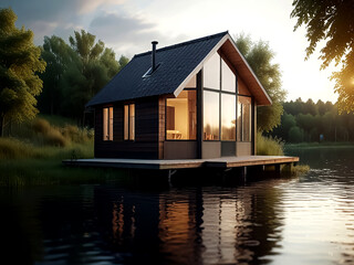 Fototapeta premium Serene Lakeside Modern Cabin in the Golden Hour Light