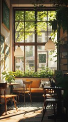 Obraz premium A cozy cafe interior featuring wooden furniture, greenery, and large windows letting in natural light.