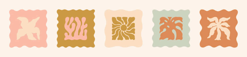 Boho Tropical Icons Set. Groovy Geometric Palm, Sun, Leaf, Coral and Flower. Vector Abstract Square Summer Beach Illustration in Freehand Retro Style for Logo, Print, Pattern, Poster, Web Design