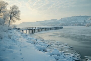 Snowy winter landscape with frozen lake and wooden pier
