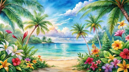 Forced perspective watercolor painting of tropical paradise scene