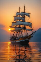 Obraz premium Majestic sailing ship at sunset